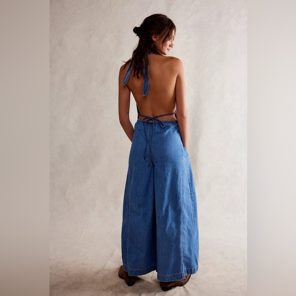 NWOT Free People Sunrays Denim Halter Jumpsuit - Picture 6 of 9